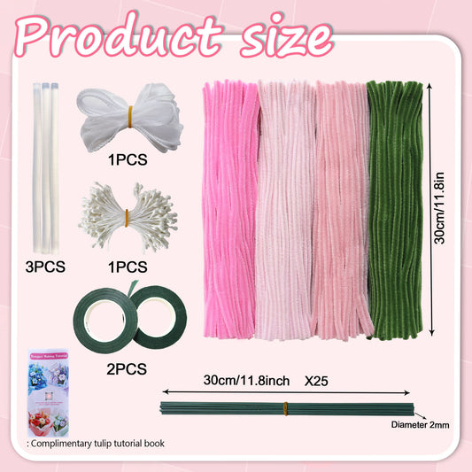 wiwbbitl 400 Pcs Pipe Cleaners Craft Set - 4 Colors Chenille Stems (11.8"x0.23") for DIY Flowers, Bouquets, Kids' Art & Home Crafts. Includes 30-Yard Green Tape, Ribbon, Glue Sticks, Rods & Stamen