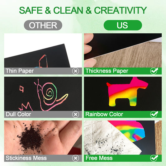 wiwbbitl Scratch Art for Kids & Adults - 50 Large Rainbow Scratch Paper Sheets (8"x11.2") with 24 Bamboo Stylus Pens, 4 Templates - Mess Free Arts and Crafts Supplies for Classroom, Stress Relief
