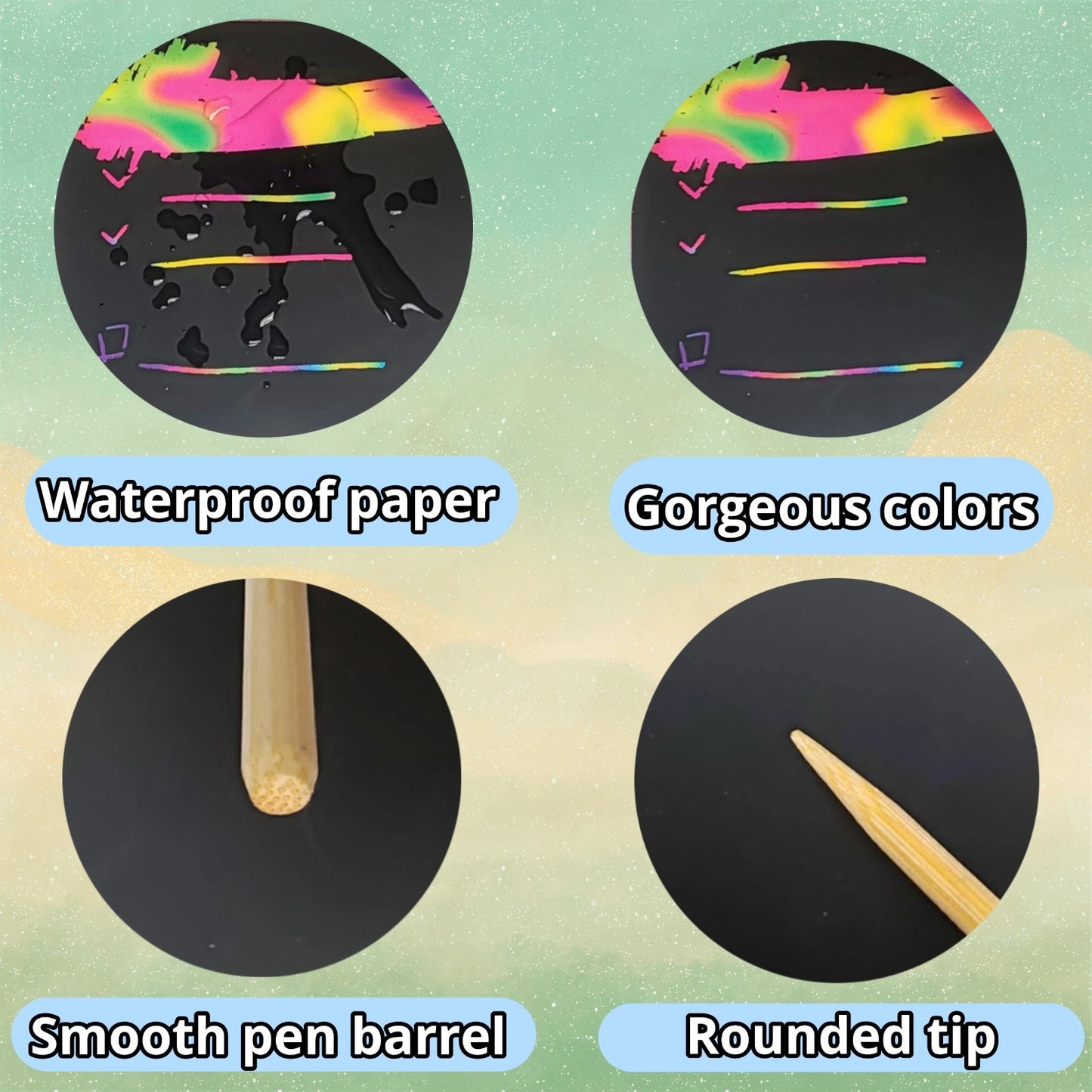 wiwbbitl Rainbow Scratch Paper Bulk - 100 Rainbow Scratch Art Sheets(5"x7.3") with 26 Bamboo Stylus Pens - Mess Free Arts for Kids and Crafts Supplies for Classroom, Party, Travel, Stress Relief