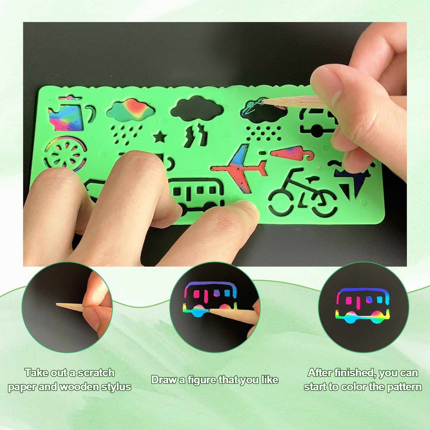 wiwbbitl Scratch Art for Kids & Adults - 50 Large Rainbow Scratch Paper Sheets (8"x11.2") with 24 Bamboo Stylus Pens, 4 Templates - Mess Free Arts and Crafts Supplies for Classroom, Stress Relief