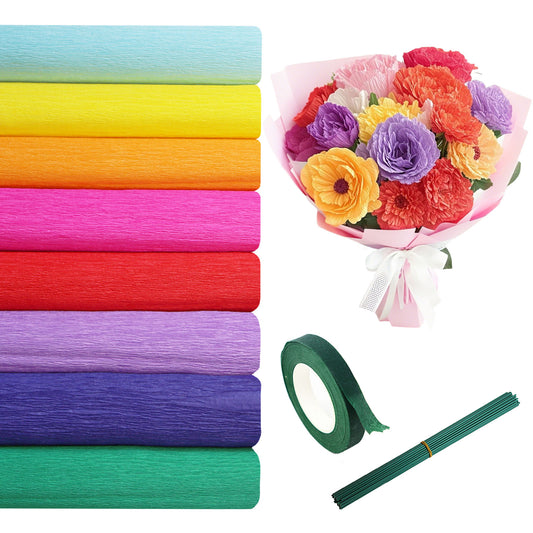 wiwbbitl 8 Roll Rainbow Crepe Paper Craft Kit (10" x8') Includes 50 Sturdy Floral Wires & 1 Stretch Tape，Tear-Resistant Papel Crepe Supplies for DIY Party Decor, Wedding Flowers, Family Crafts