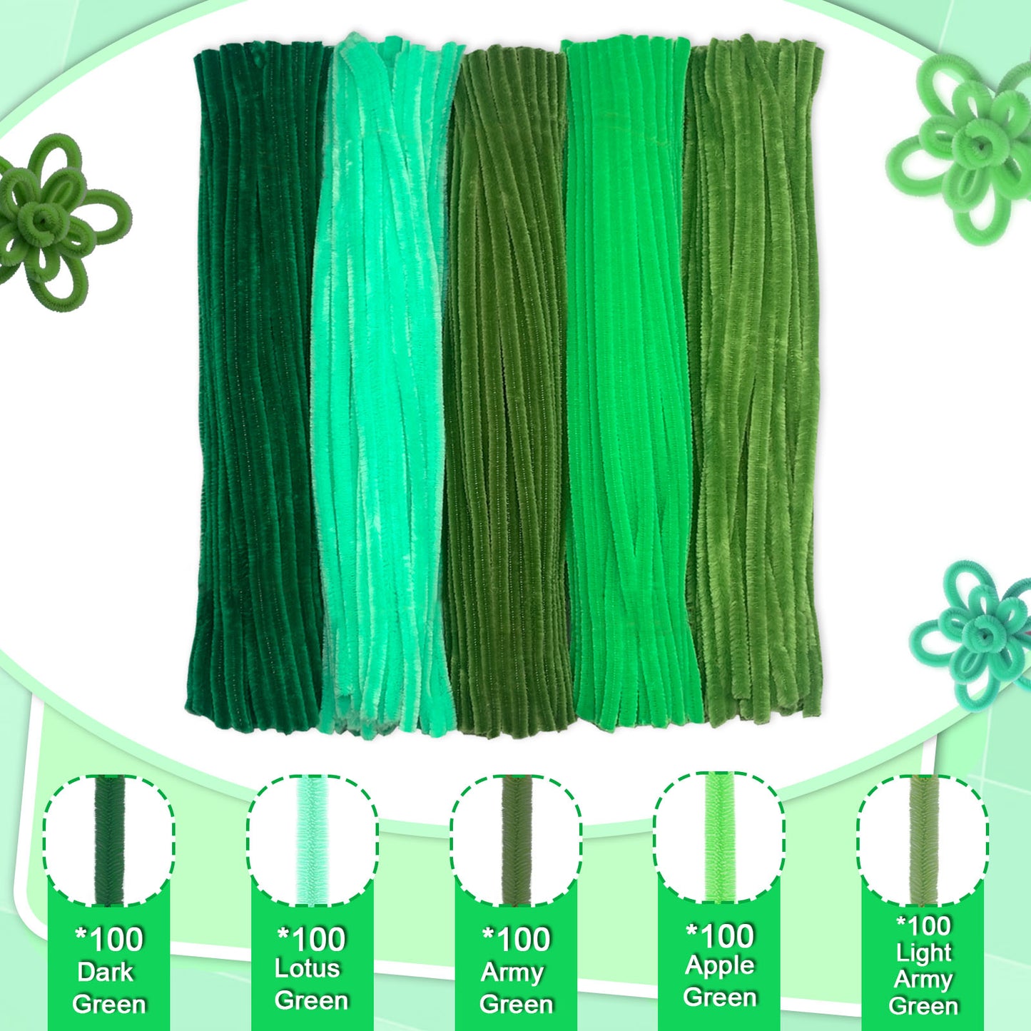 500pcs Pipe Cleaners (Chenille Stems) - 5 Vibrant Green Shades, 6mm x 12in | Flexible & Bendable Craft Stems for DIY Arts, Floral Arrangements, Kids Crafts, Classroom Projects & Bouquets