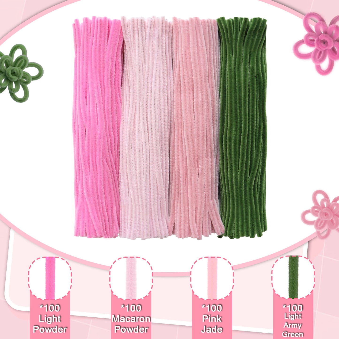 wiwbbitl 400 Pcs Pipe Cleaners Craft Set - 4 Colors Chenille Stems (11.8"x0.23") for DIY Flowers, Bouquets, Kids' Art & Home Crafts. Includes 30-Yard Green Tape, Ribbon, Glue Sticks, Rods & Stamen