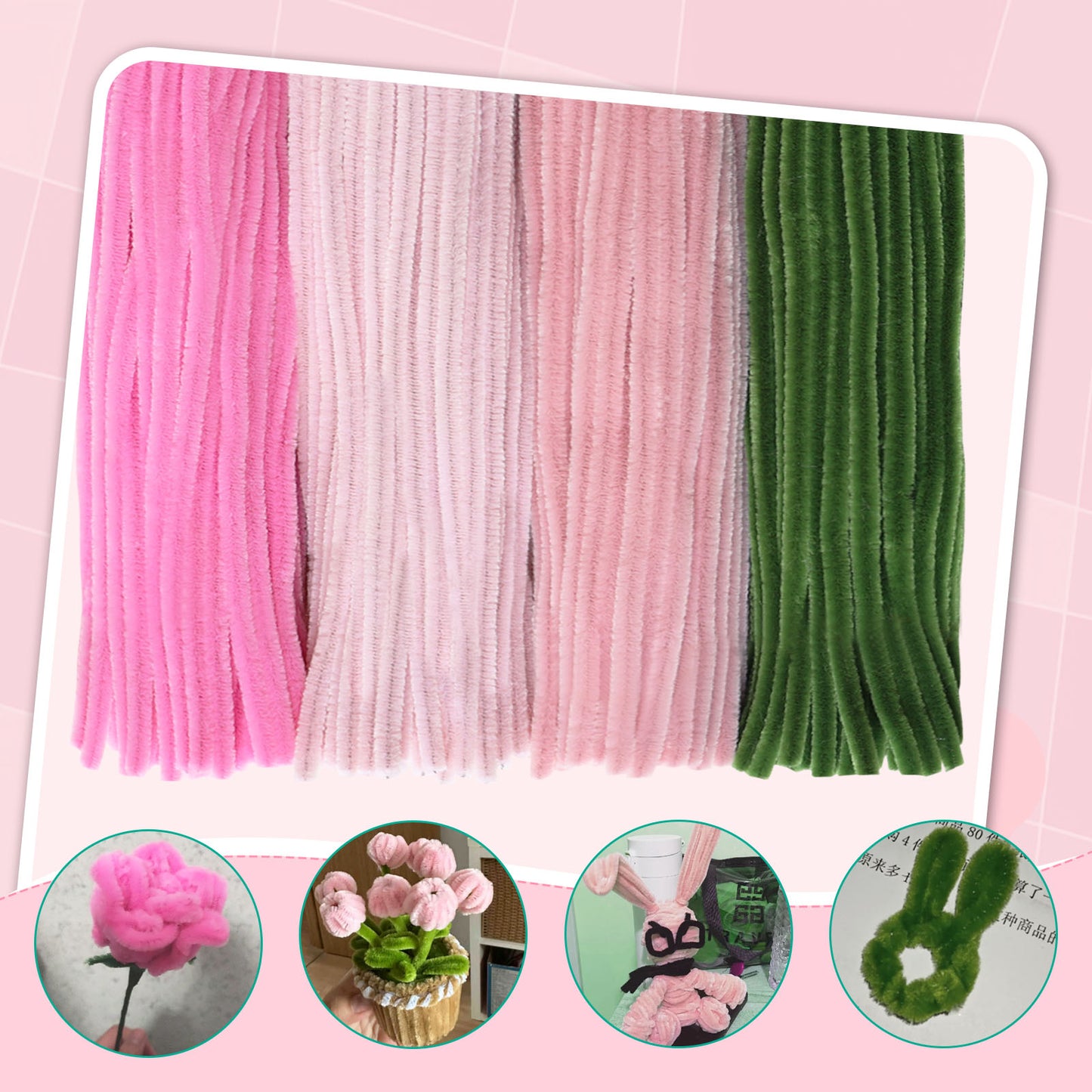 wiwbbitl 400 Pcs Pipe Cleaners Craft Set - 4 Colors Chenille Stems (11.8"x0.23") for DIY Flowers, Bouquets, Kids' Art & Home Crafts. Includes 30-Yard Green Tape, Ribbon, Glue Sticks, Rods & Stamen