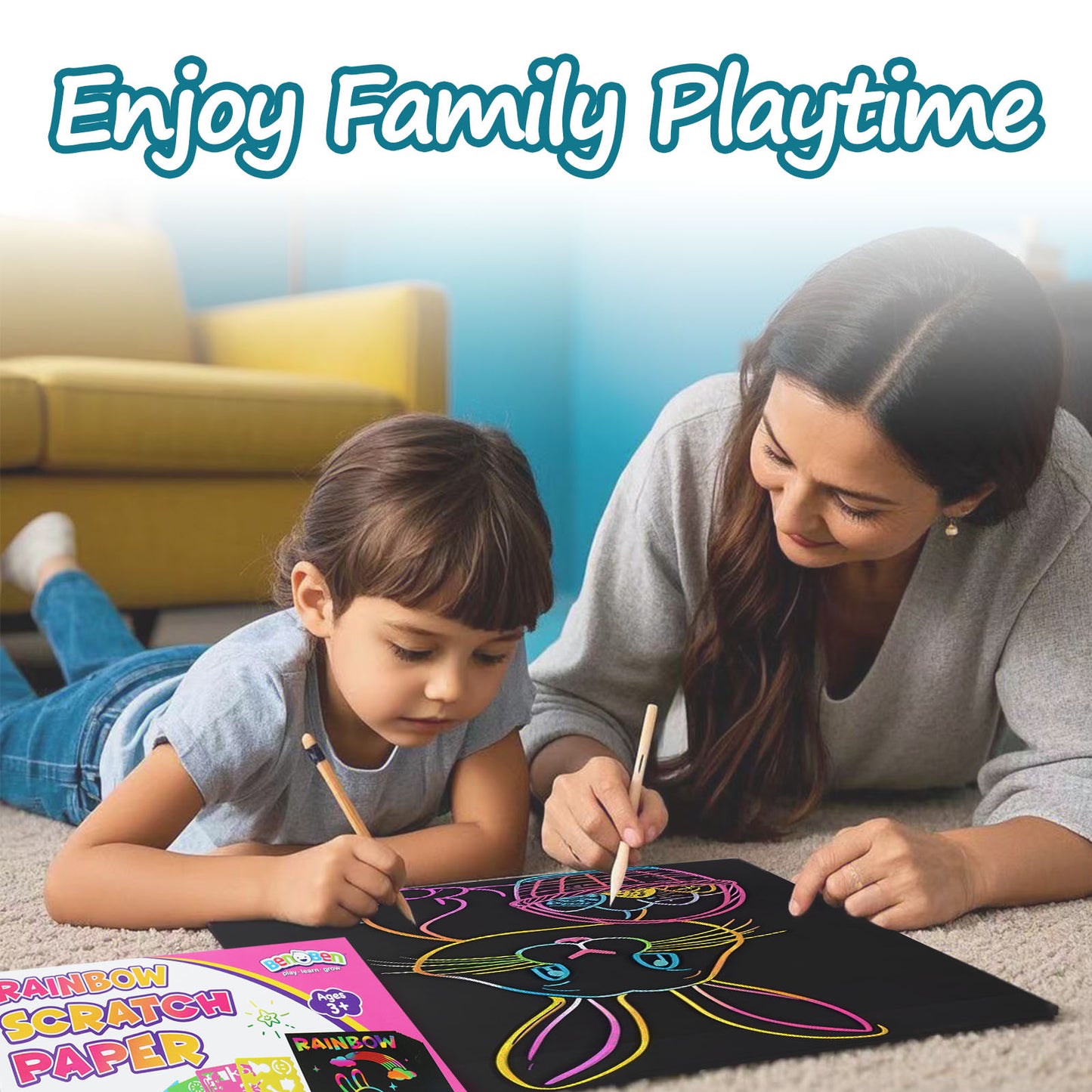 wiwbbitl Scratch Art for Kids & Adults - 50 Large Rainbow Scratch Paper Sheets (8"x11.2") with 24 Bamboo Stylus Pens, 4 Templates - Mess Free Arts and Crafts Supplies for Classroom, Stress Relief