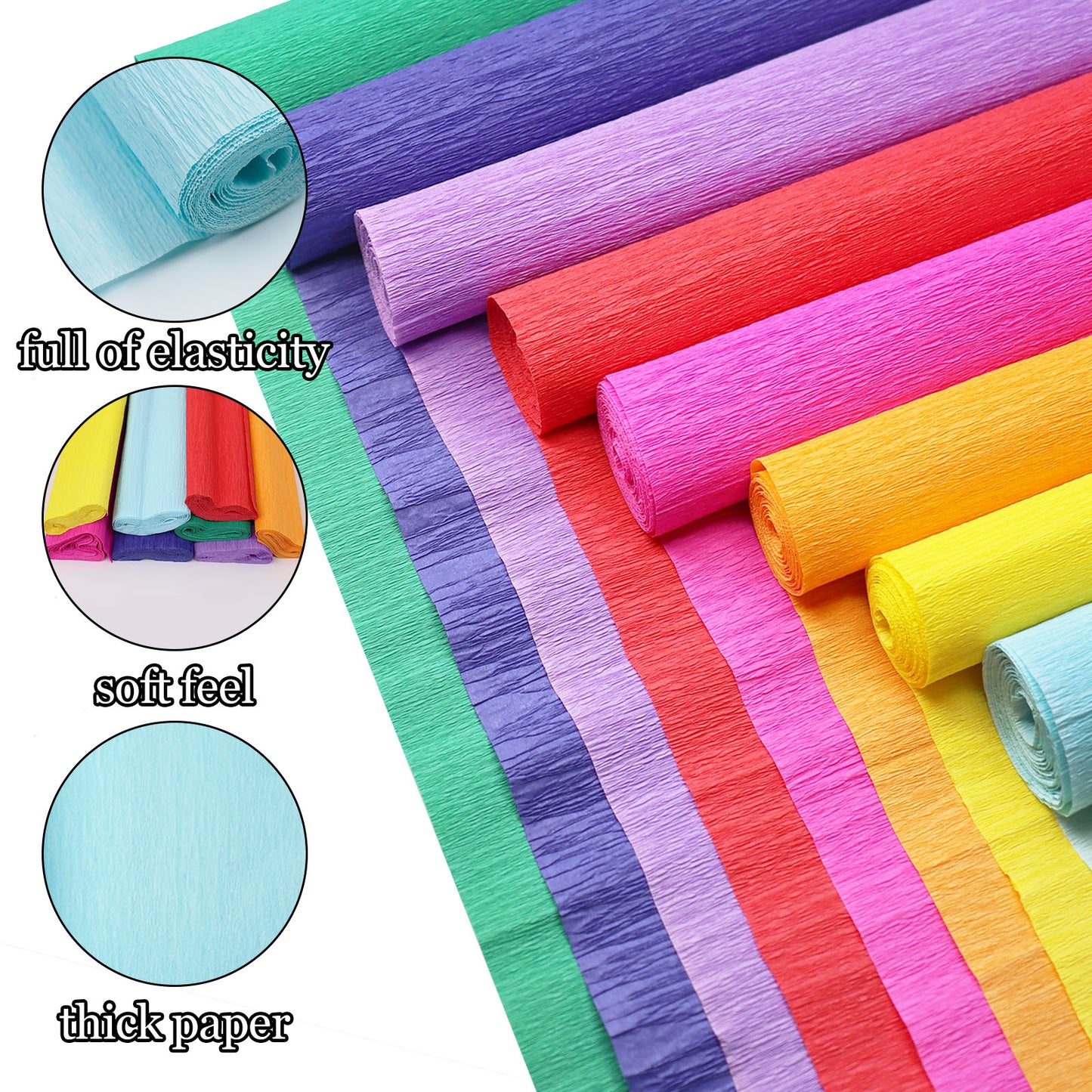 wiwbbitl 8 Roll Rainbow Crepe Paper Craft Kit (10" x8') Includes 50 Sturdy Floral Wires & 1 Stretch Tape，Tear-Resistant Papel Crepe Supplies for DIY Party Decor, Wedding Flowers, Family Crafts