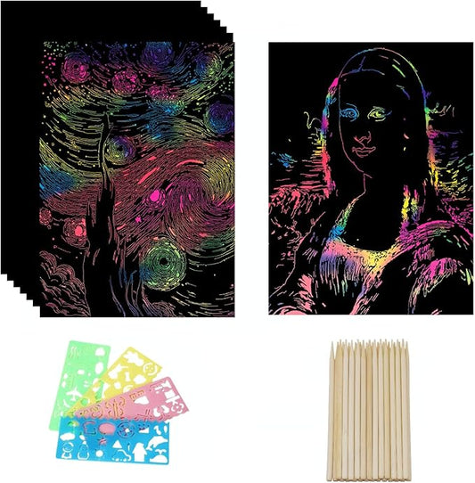 wiwbbitl Scratch Art for Kids & Adults - 50 Large Rainbow Scratch Paper Sheets (8"x11.2") with 24 Bamboo Stylus Pens, 4 Templates - Mess Free Arts and Crafts Supplies for Classroom, Stress Relief